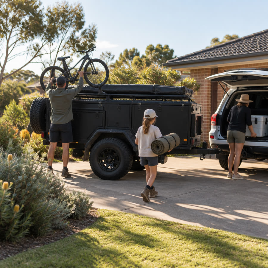Family loading a camper trailer in their driveway