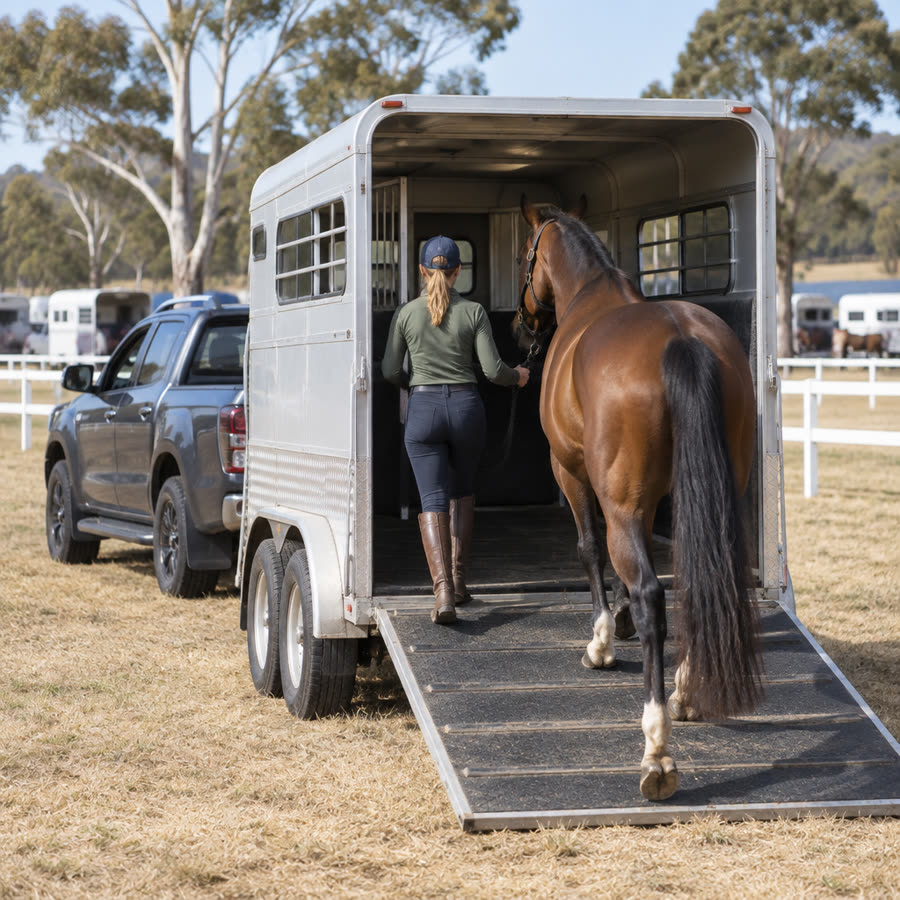 Horse being led into a float at a showground