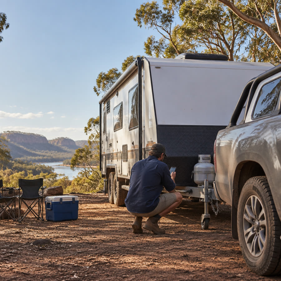 Caravan hitched at a bush campsite