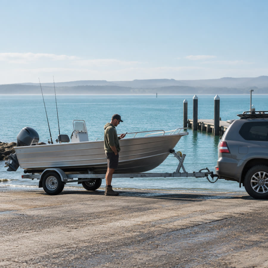Fishing boat on a trailer at a boat ramp